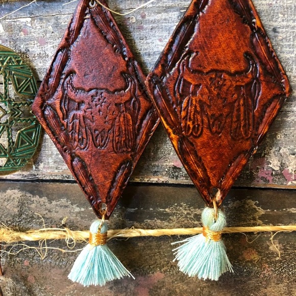 Anthropologie Jewelry - Bullhead Leather Stamped Brown Earrings Anthropologie Jewelry - Bullhead Leather Stamped Brown Earrings